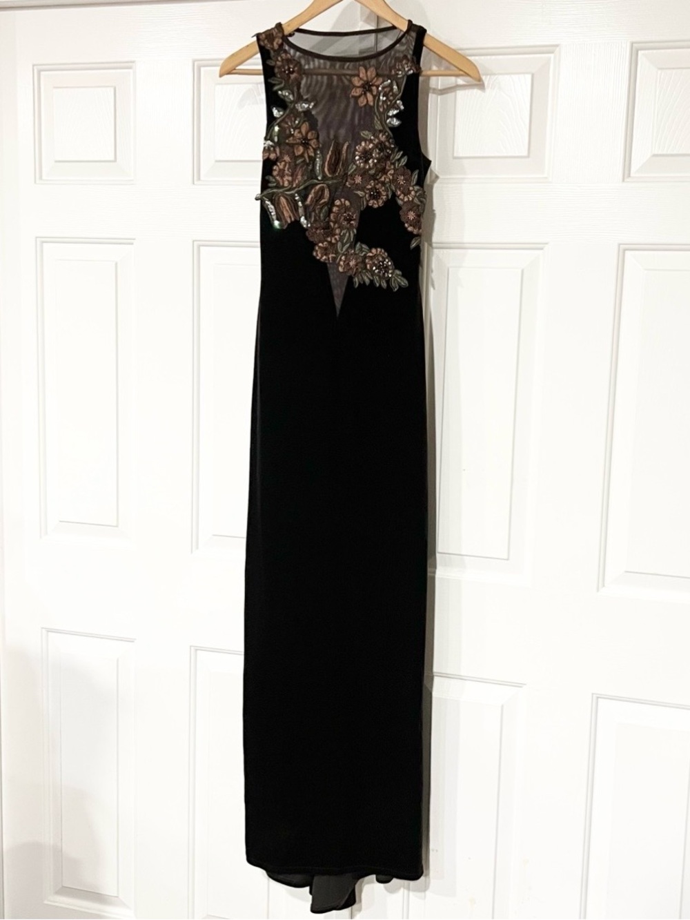 Jessica McClintock |  Floral Appliqué Sequin Deep Vneck Mesh Maxi Velvet Dress